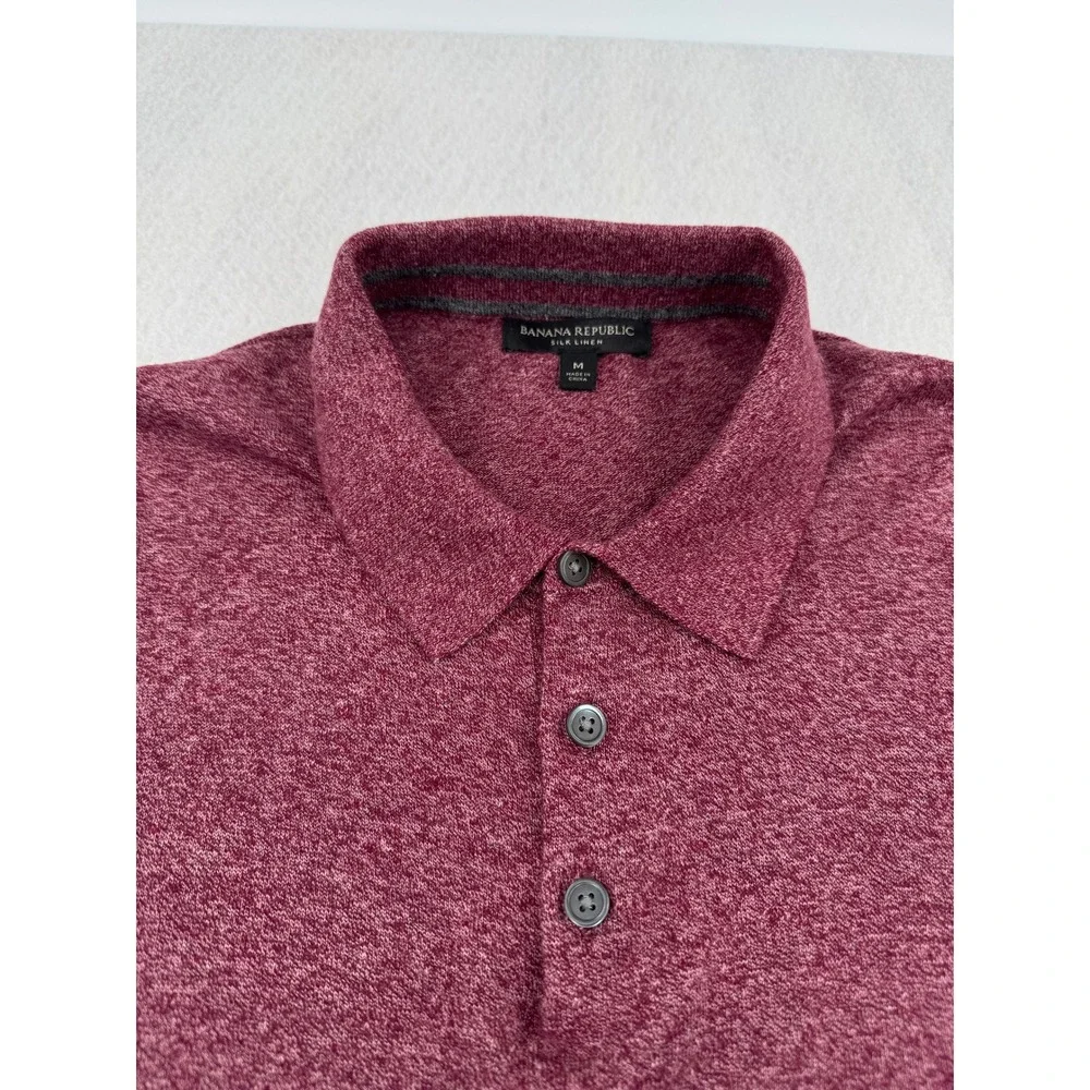 Banana Republic Mens M Silk Linen Knit Polo Shirt Burgundy Heather Lightweight